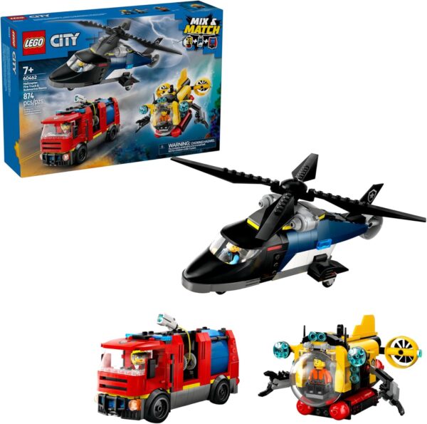 LEGO City 3 en 1 Camión Bomberos Helicóptero y Submarino 60462 - 874 Piezas